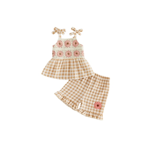 BemeyourBBs Toddler Baby Girl Summer Clothes Infant Baby Girls 2 Piece Outfits Crochet Granny Square Floral Embroidered Eyelet Sleeveless Plaid Print Tank Tops and Ruffled Shorts Set