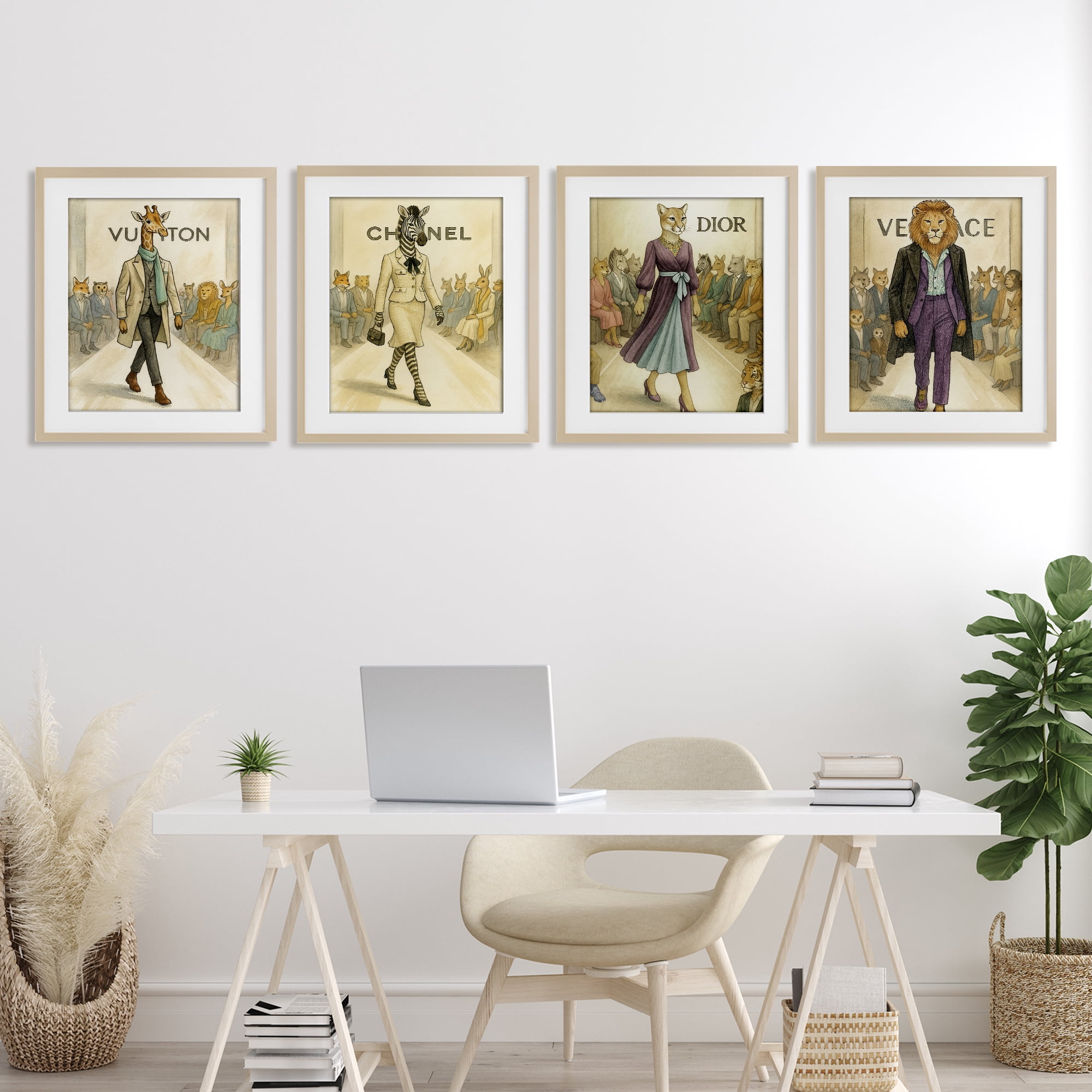 Stupell Industries Fashion Runway Animals 4 Piece Birch Framed Print Under Glass Set, design by Grotto Studios
