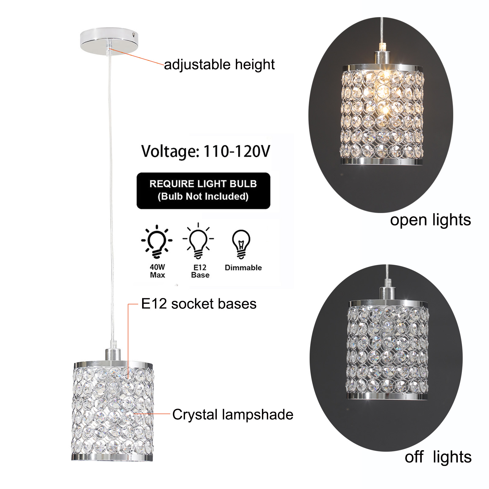 3pc Modern LED Crystal Ceiling Light Dining Room Pendant Lamp Lighting Chandelier for Kitchen, Restaurant, Living Room, Office (E12)