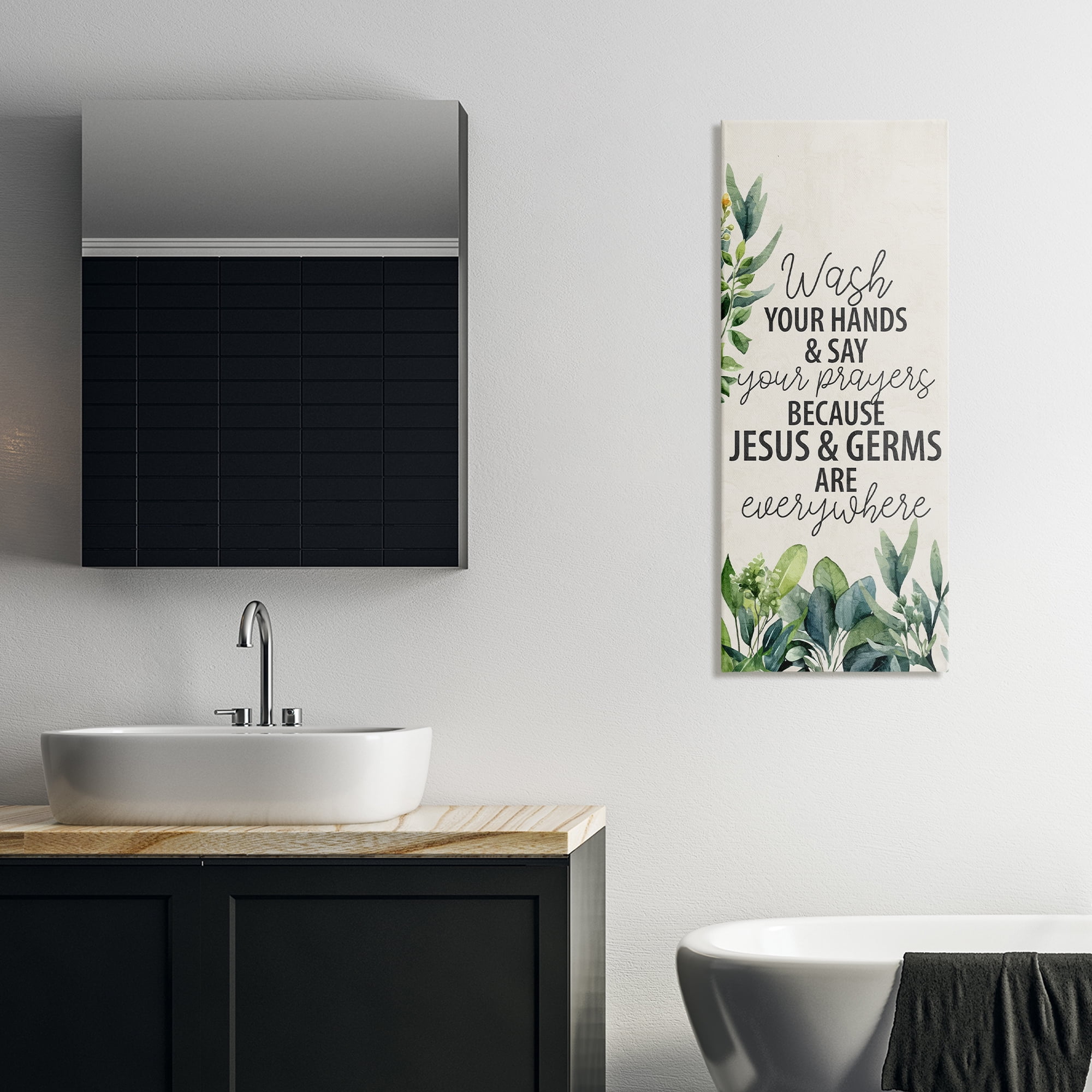 Stupell Industries Jesus & Germs Hygiene Bath & Laundry Painting Wrapped Canvas Art Print Wall Art, 17 x 40