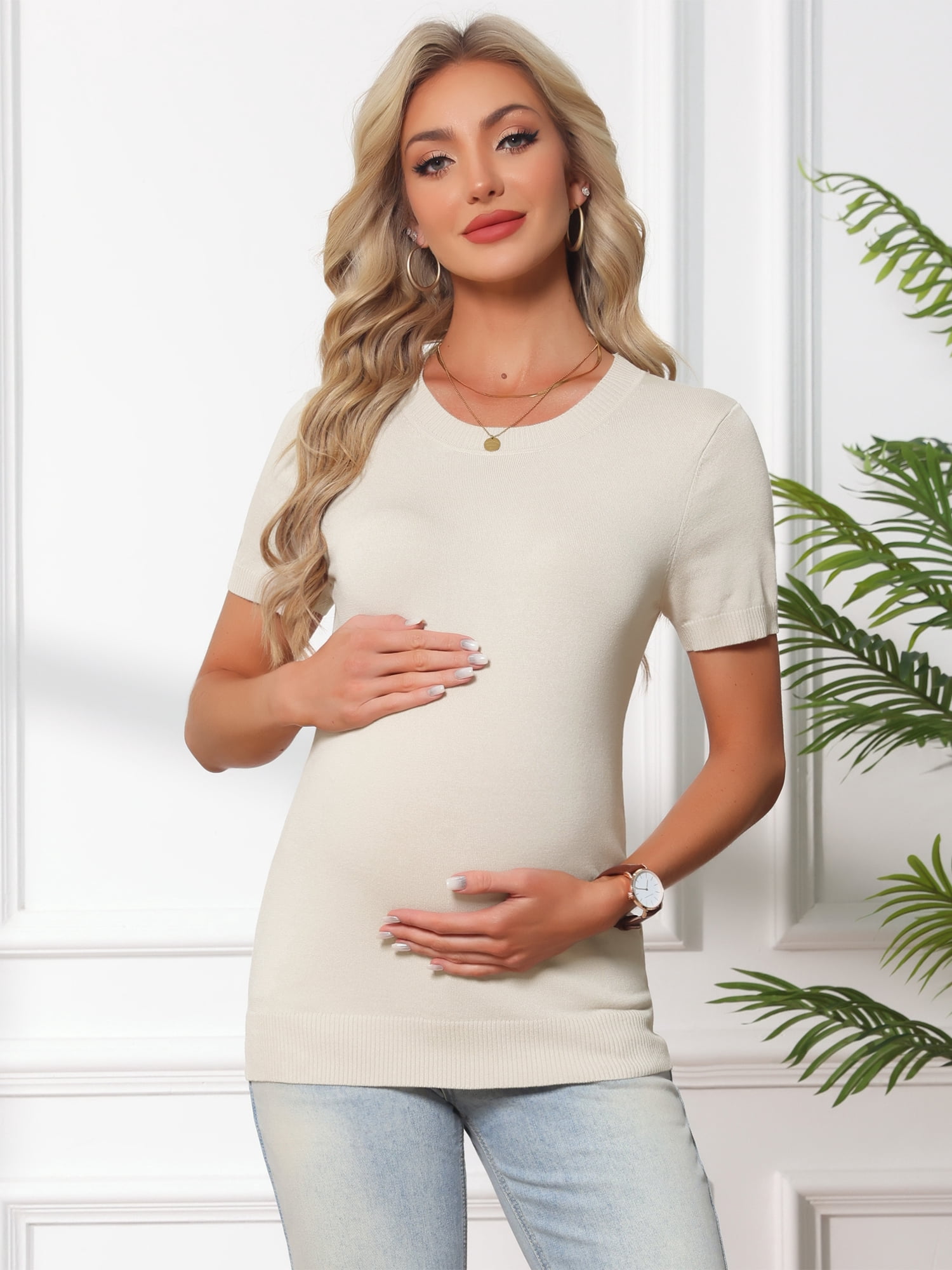 DARING DIVA Women's Maternity Stretchy Knit Short Sleeve Sweater S White
