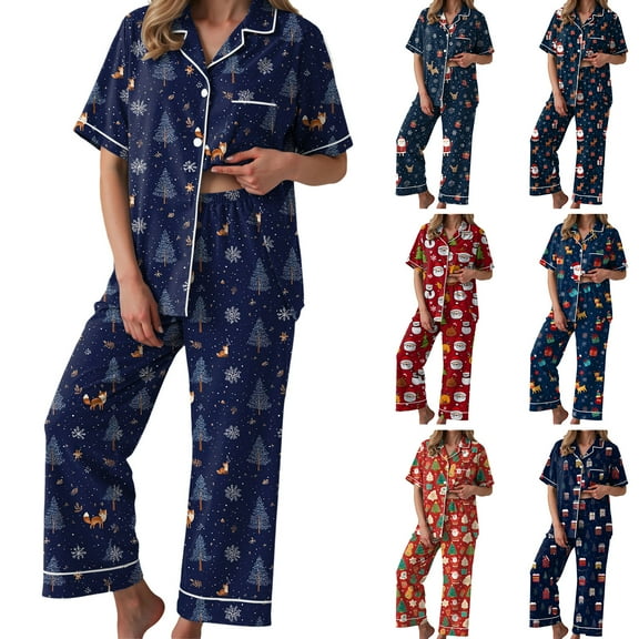 TTUHYWXI Women Cute Christmas Pajamas Sets Bow Santa Print Long Sleeve Shirt Pants 2 Piece Pj Set Pajama Party Loungewear (Blue, XXL)