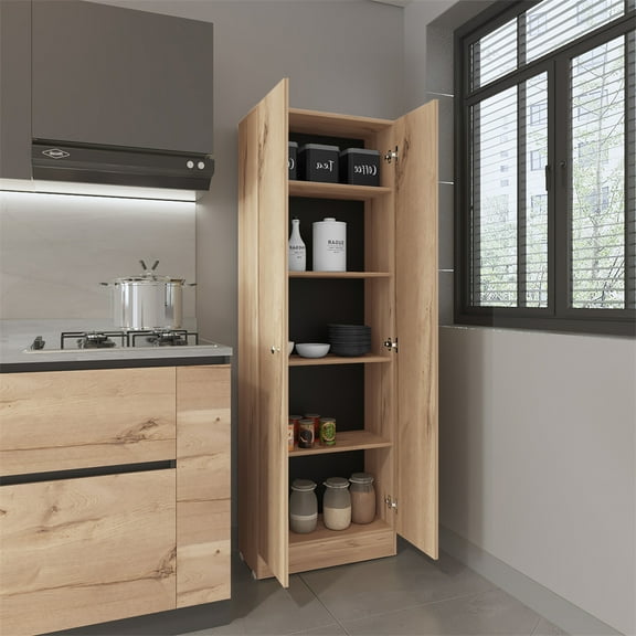 Nmkwnr 2 Door Tall Storage Cabinet with 5 Inner Shelf, Perfect for Living Room, Dining Room, Kitchen, Light Brown