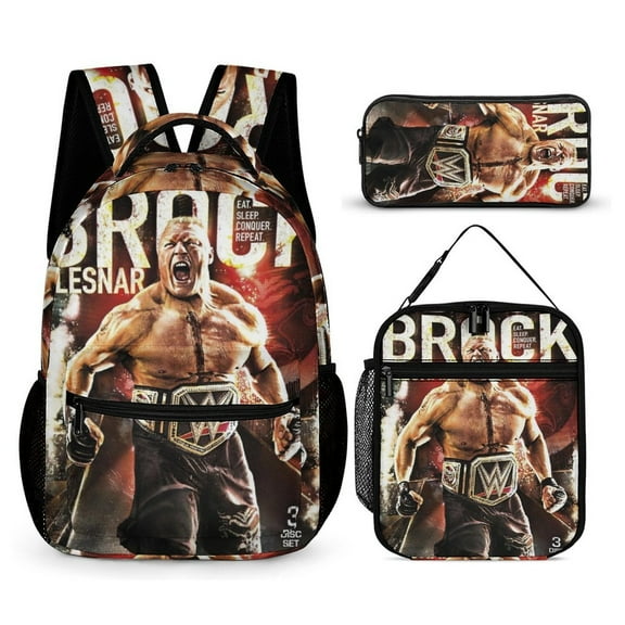 3-PieceW-W-E Brock Lesnar Large Capacity Anime Backpack with Lunch Bag & Pen Case | Casual Schoolbag for Travel, Outdoor, Fashion Daypack
