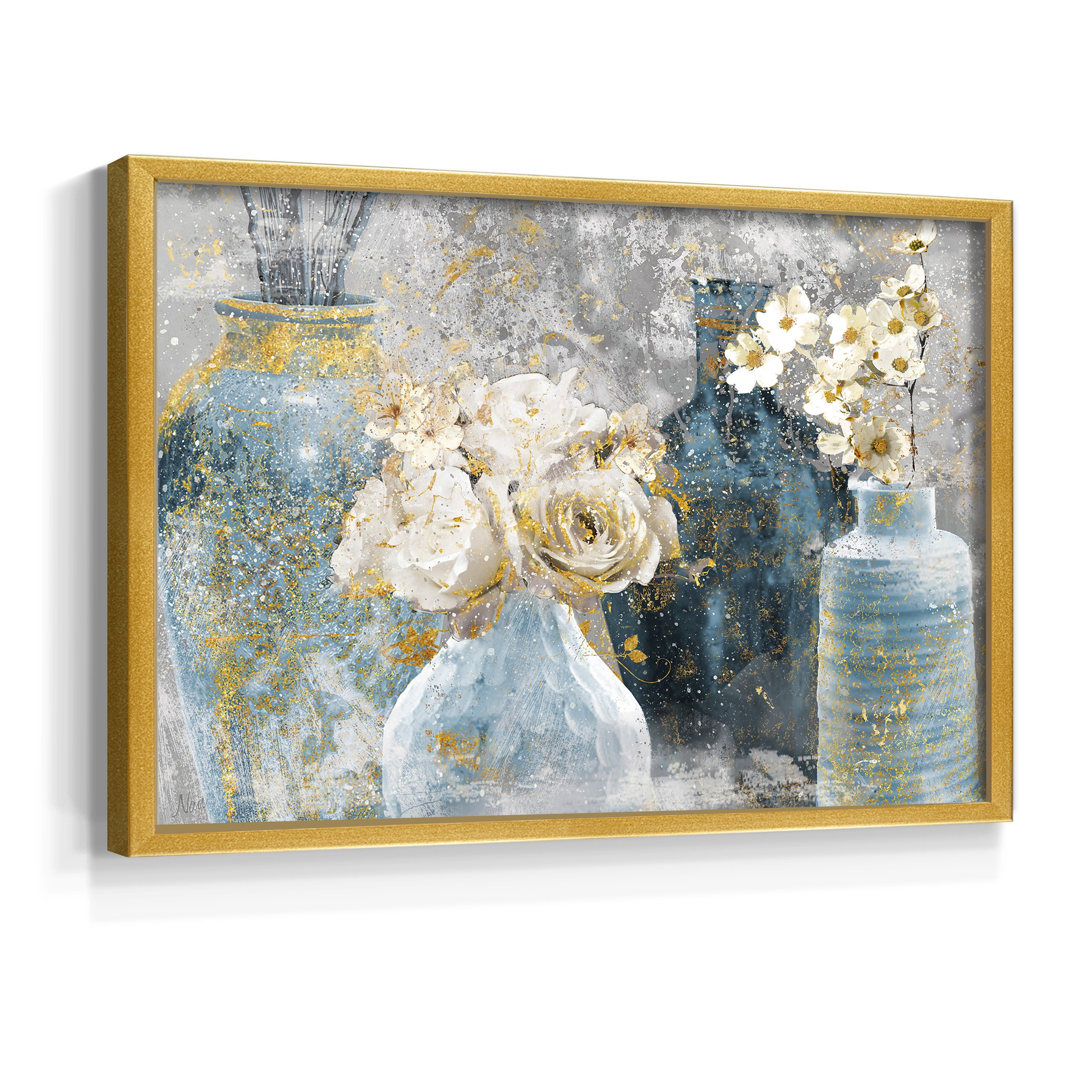 Vessels and Blooms Blues by Nan - Restickable Framed Giclée Print