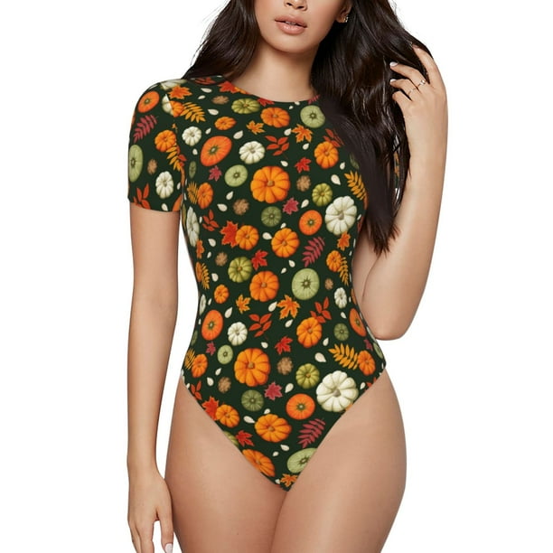 Balery Harvest Pumpkins Body de cuello redondo de manga corta para mujer Tops de manga corta Tops básicos-Small