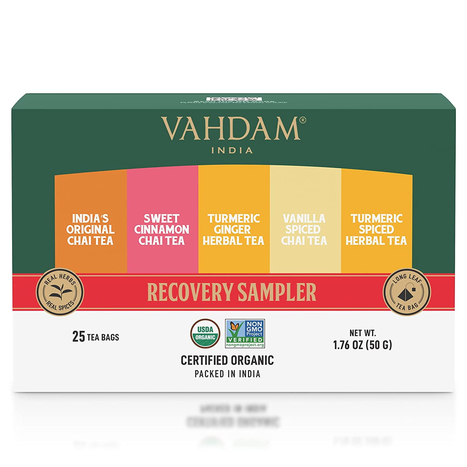 VAHDAM, Recovery Tea Sampler 5 Flavors 5 Tea Bags each Tea