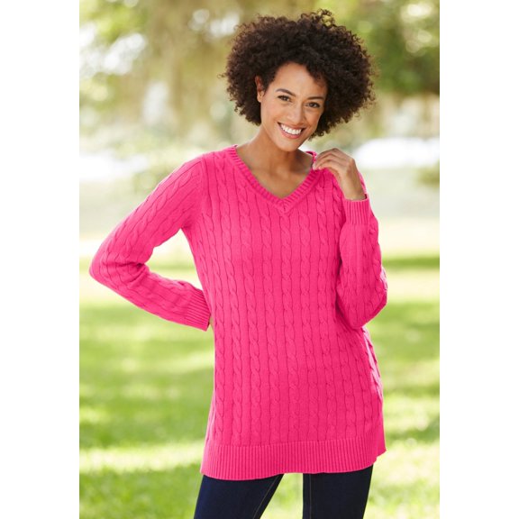Woman Within Plus Size Cable Knit V-Neck Pullover Sweater