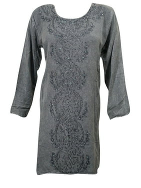 Mogul Womens Peasant Tunic Grey Embroidered Stonewashed Bohemian Shift Dress M