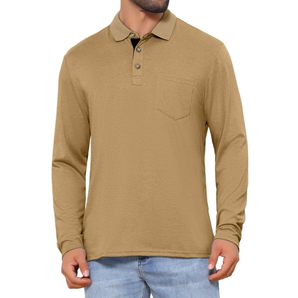 INSPIRE CHIC Camiseta Polo de Golf para Hombre con Botones Contrastantes, Cuello, Bolsillo y Mangas Largas 2XL Caqui