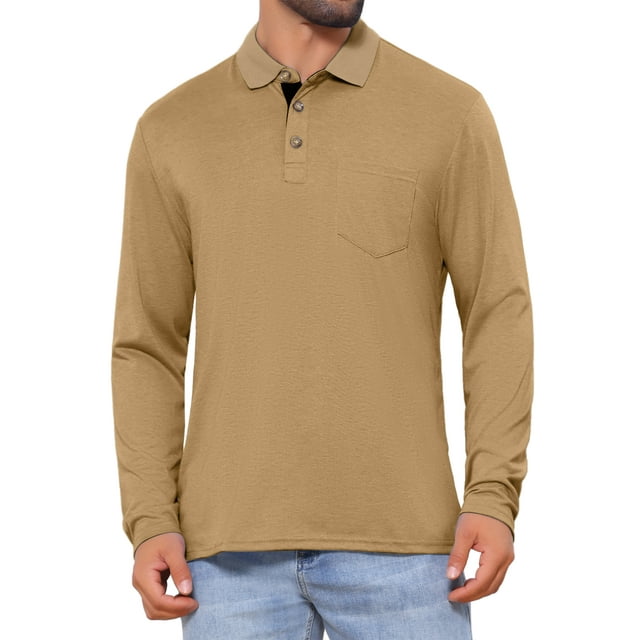 INSPIRE CHIC Camiseta Polo de Golf para Hombre con Botones Contrastantes, Cuello y Bolsillo, Manga Larga, Talla L, Color Caqui