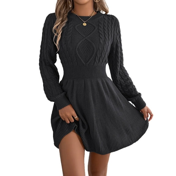 Cogild Cable Knitted Sweaters for Womens Dress with Long Sleeves Crew Neck Tunic Dress Sweaters Versatile Fit Classic Design for Casual Outfits
