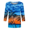 thumbnail image 4 of Summer Saving Wycnly Womens Shirts Beach Fashion Hawaiian Lightweight Comfy Loose Pullover Tops Summer 3/4 Sleeve Round Neck Ladies Coconut Tree Print Tops and Blouses Blue s, 4 of 5