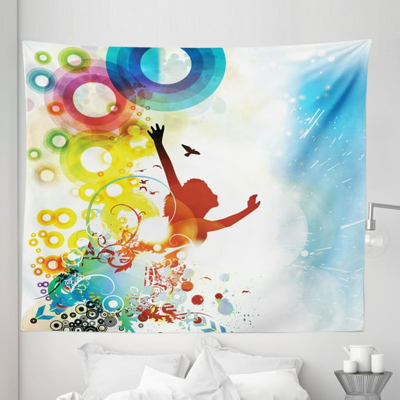 Youth Tapestry, Abstract Composition with Happy Woman Silhouette Flying Birds Circles, Fabric Wall Hanging Decor for Bedroom Living Room Dorm, 5 Sizes, Multicolor, by Ambesonne