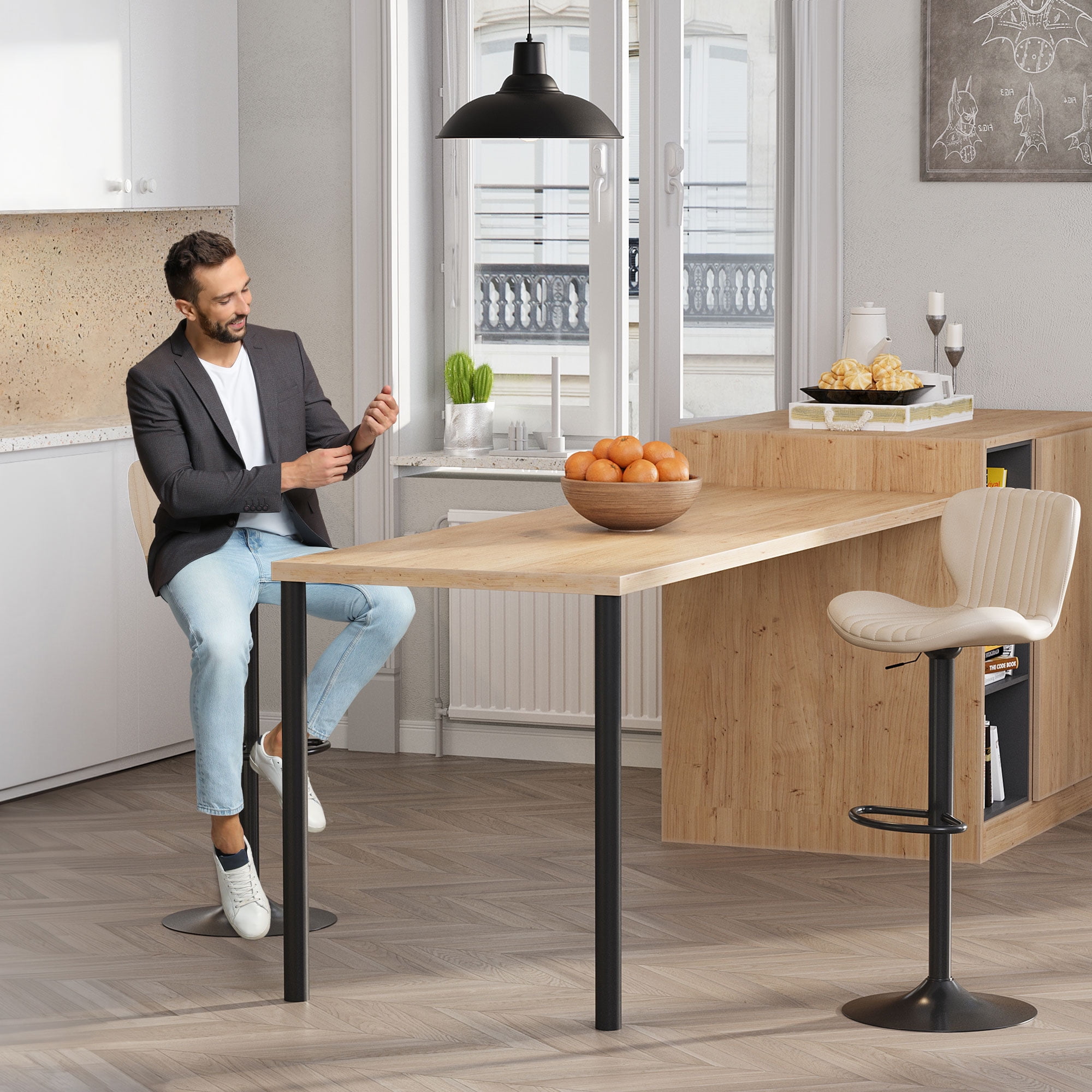 Walsunny Adjustable Bar Stools Set of 2 Leather Upholstered Swivel Counter Stools Counter Height Bar Stools with Large Base, Room Bar, Beige