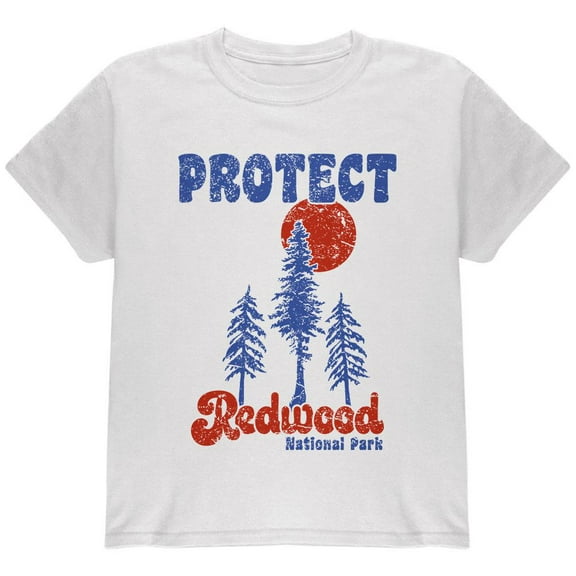 National Park Retro 70s Landscape Protect Redwood Youth T Shirt White YXL