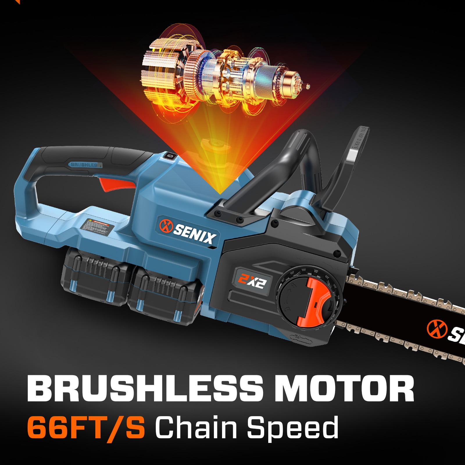 Senix 40V 14-Inch Brushless Cordless Chainsaw w/ Auto Oiler & Tool-Free Tension, 2 x 4Ah Batteries & Charger