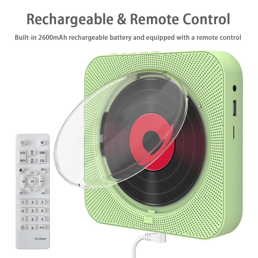 MEGICOT 2600mAh Rechargeable CD Player Built-in Speakers, Bluetooth Wall Mountable Music Player with Dust Cover Remote Control, Support FM Radio USB Flash Micro SD AUX Play