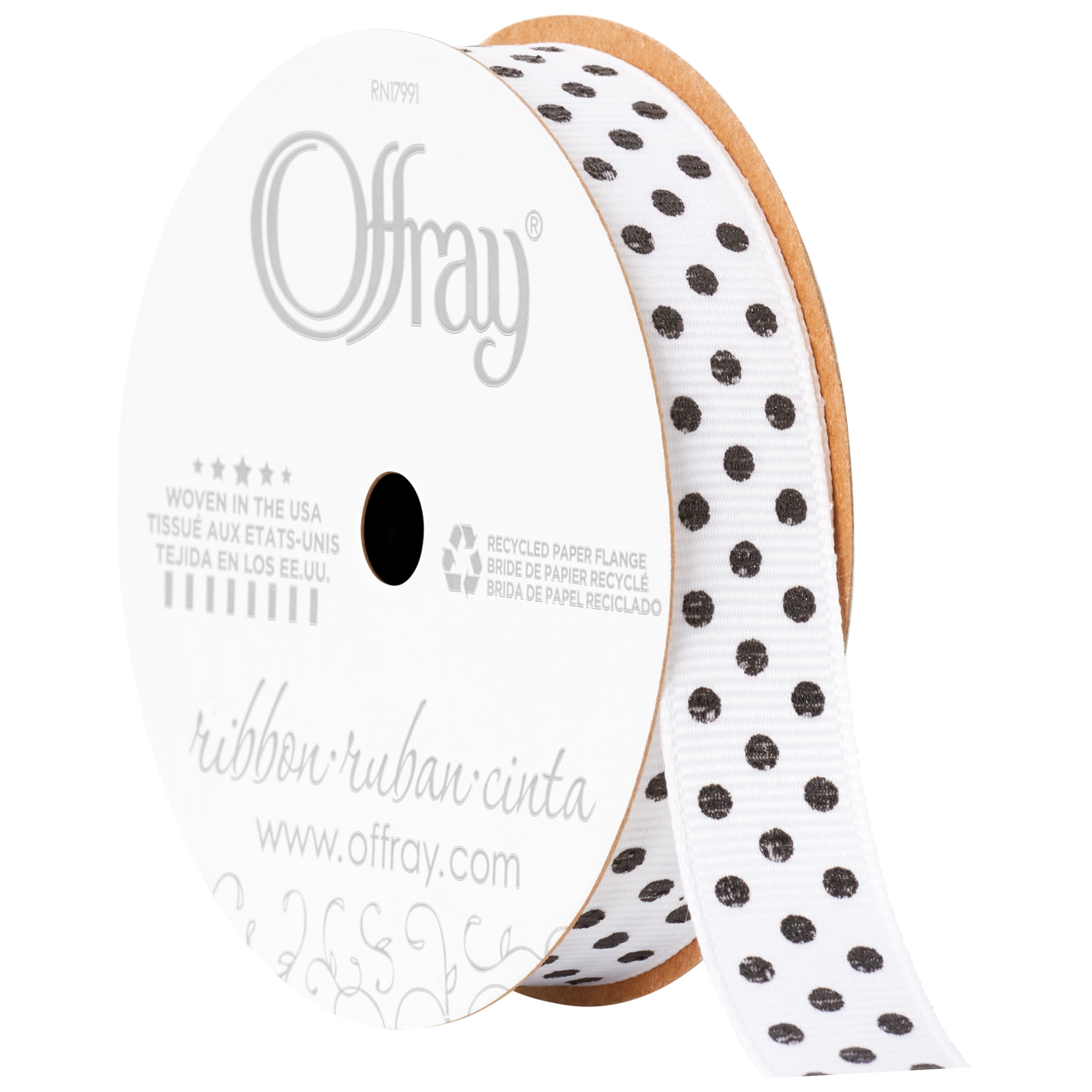 Offray Ribbon, White 5/8 inch Black Dots Grosgrain Ribbon, 9 feet