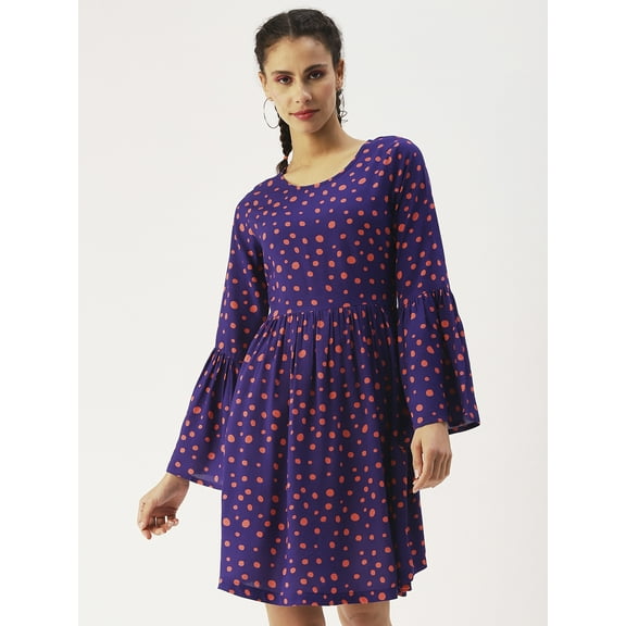 DressBerry Women’s Printed Viscose Rayon Dress Round Neck Flared Long Sleeves Knee Length Smocked Hem Beach Wear Light Weighted Casual Summer Dress