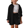 thumbnail image 2 of FAVIPT Outfits for Kids 2 Piece Sets Summer Long Sleeve Collared Button Shirts Drawstring Short Pants Casual Solid Sets Black,7 Years, 2 of 9