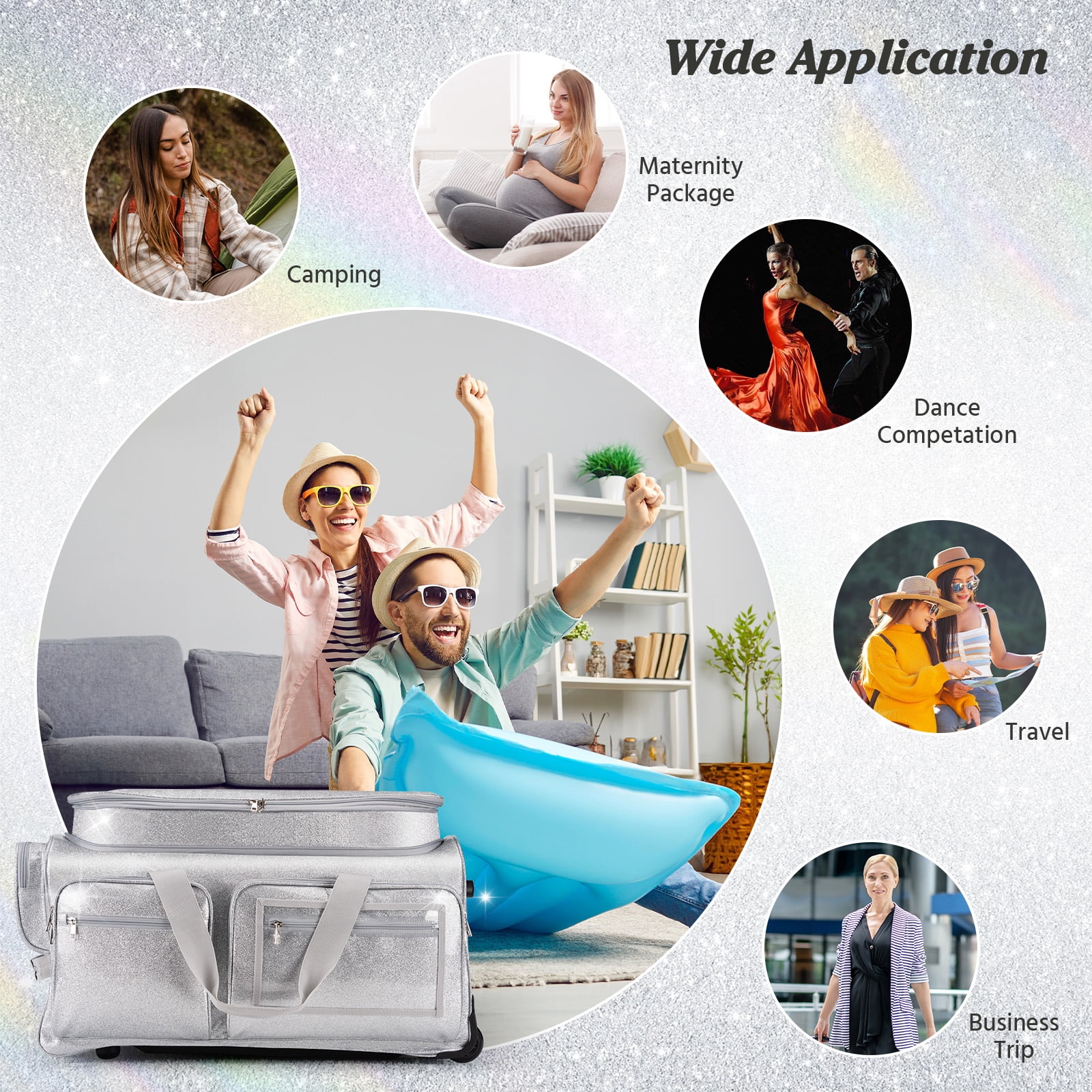 Dance Bag with Garment Rack, Glitter Silver 28" Dance Competition Must Haves Garment Bags for Travel, Costumes Rolling Garment Bag For Travel Collapsible Suitcase for Dancers Performers Recital