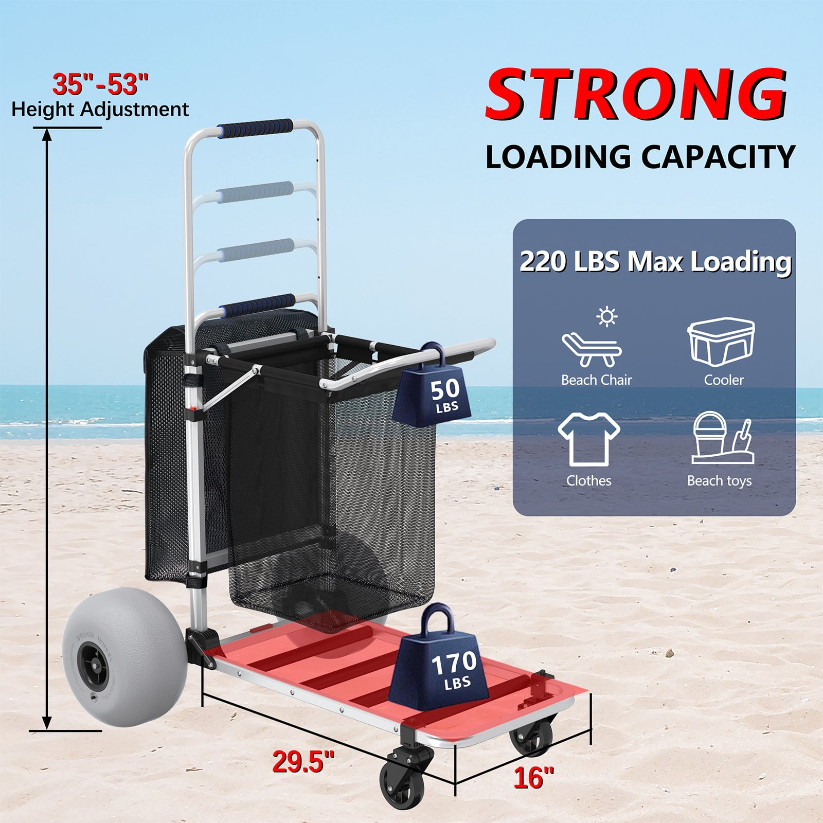 GDLF Foldable Beach Cart with Adjustable Handle and 12" Balloon Wheels, Heavy Duty Aluminum  220LBS Capacity