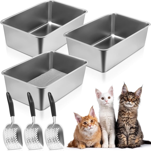Juego de 3 cajas de arena de acero inoxidable para gatos con 3 cucharadas de arena para gatos caja de arena de metal 23.6 x 15.8 x 7.9 pulgadas