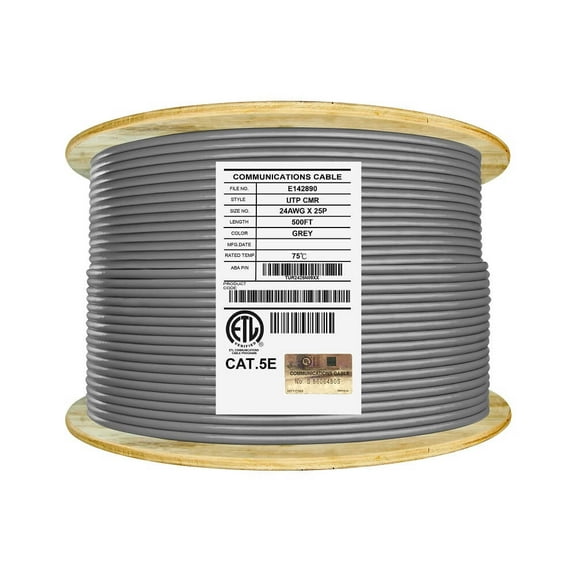 Infinity Cable CAT5E 350MHz CMR/Riser Rated 25 Pair Solid, 500Ft. Wood Reel Bulk Cable, Gray (100% Pure Copper)