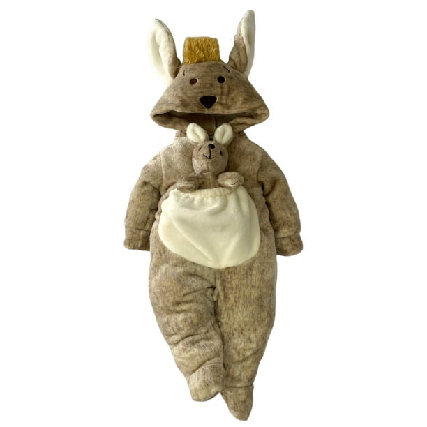 Mameluco con Gorro Bordado Kiss Canguro con Peluche Café Baby Kisses Mameluco1329