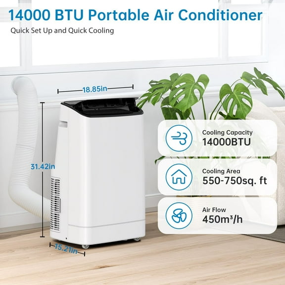 14,000 BTU Portable Air Conditioner for 500-700 Sq.Ft | Sleep Mode & 24-Hour Energy-Saving Timer | Quiet Operation (50-53dB) | No Drain Design
