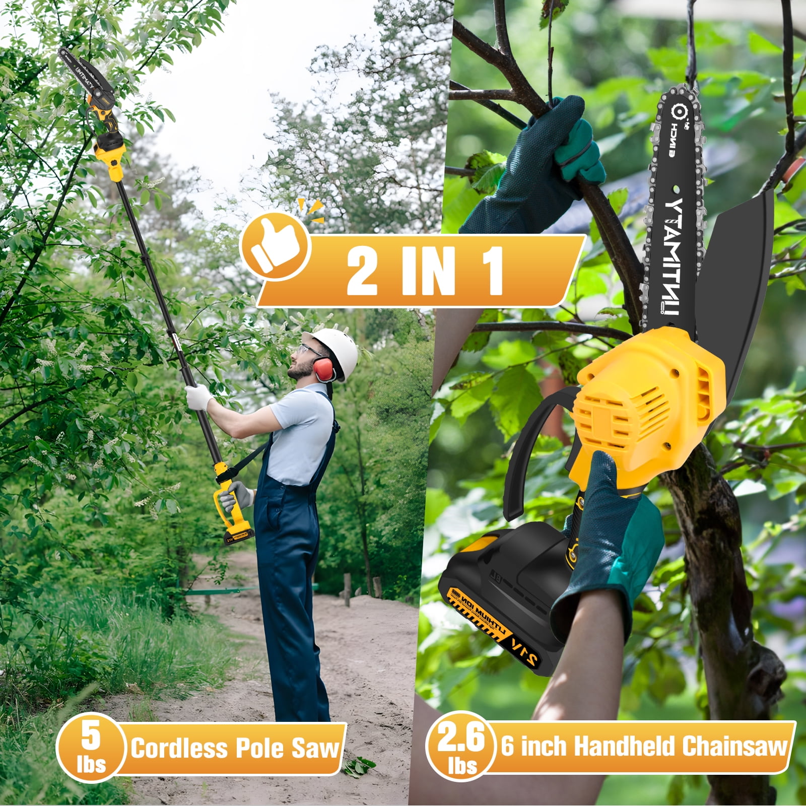 UMTIMATY Cordless Pole Saw,6 Inch Brushless Pole Chainsaws Mini Handheld Chainsaw with 2 x 2.0Ah Batteries,14.1 FT Max Extension Pole Saw for Tree Trimming