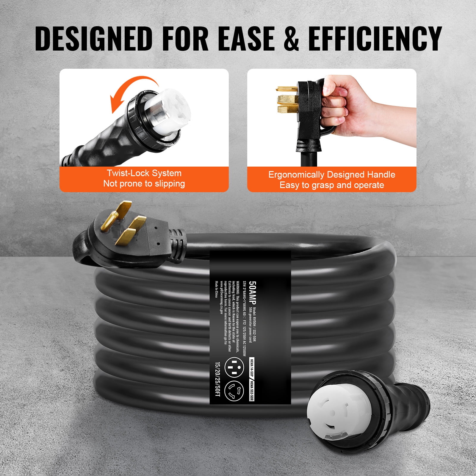 SKYSHALOGenerator Cord with Inlet Box, 20FT 50 Amp, RV Extension Cord NEMA 14-50P/SS2-50R, 6/3+8/1 AWG, Twist Lock Generator Cord with Inlet Box, Pre-Drilled Power Inlet Box, ETL Certified