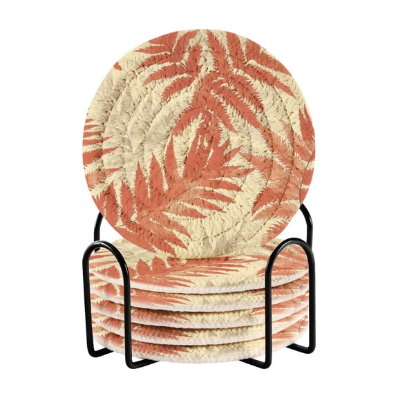 Haosy Set of 6 Drink Woven Coaster with Holder Heat Resistant Non-Slip Bar Coasters 4 Inches Fern Leaves