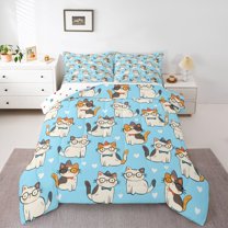 Feelyou Funny Cat Kitten Queen Comforter Set, Love Heart Bedding Comforter Set, 3pcs