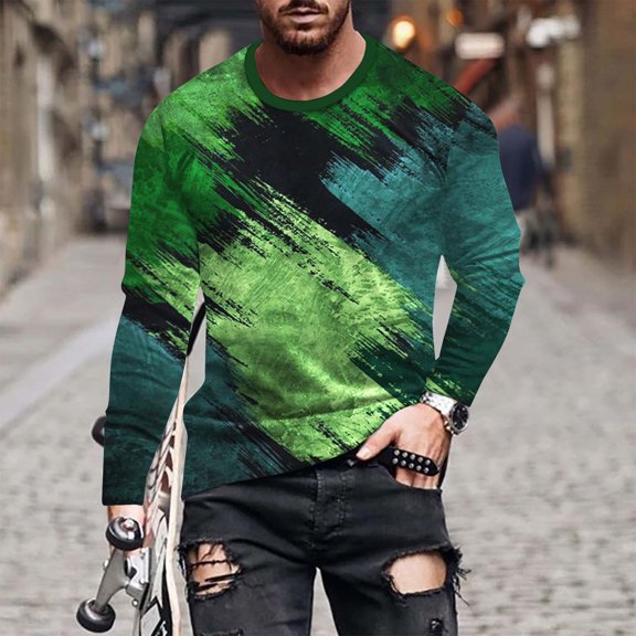 Azrian Men's Color Matching Long Sleeved T-shirt Non Positioning Printing Long Sleeved Round Neck Casual Sports Vacation T-shirt Top