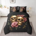 thumbnail image 3 of Manfei Couple Skeleton Skull Bedding Comforter Set 7pcs, Pink Rose Floral Flower Queen Bedding Sets, Gothic Romantic Reversible Queen Sheet Sets, Luxury Bedroom Decor, 3 of 8