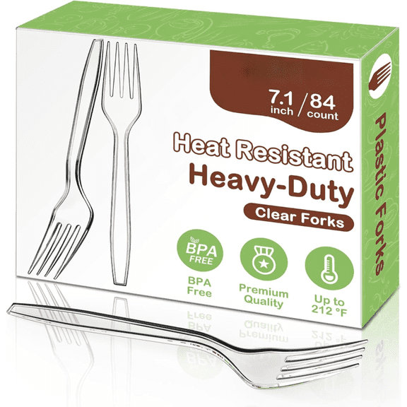 7.1" Clear Plastic Forks Heavy Duty with Heat Resistant & BPA Free, Solid and Durable Plastic Cutlery, Premium Disposable Forks for Party Supply(84 Count)
