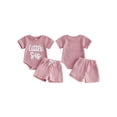 thumbnail image 2 of BemeyourBBs Newborn Baby Girls Little Sister Outfits Infant Girl Summer Clothes Waffle Knit Letter Embroidery Short Sleeve Romper and Elastic Waist Shorts Set, 2 of 9