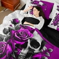 thumbnail image 4 of Feelyou Romantic Purple Rose Bedding Comforter Set 7 Pieces, Gothic Skeleton Full Bedding Set, Valentine's Day Theme Reversible Fitted Sheet Flat Sheet, Lightweight Room Decor, 4 of 8