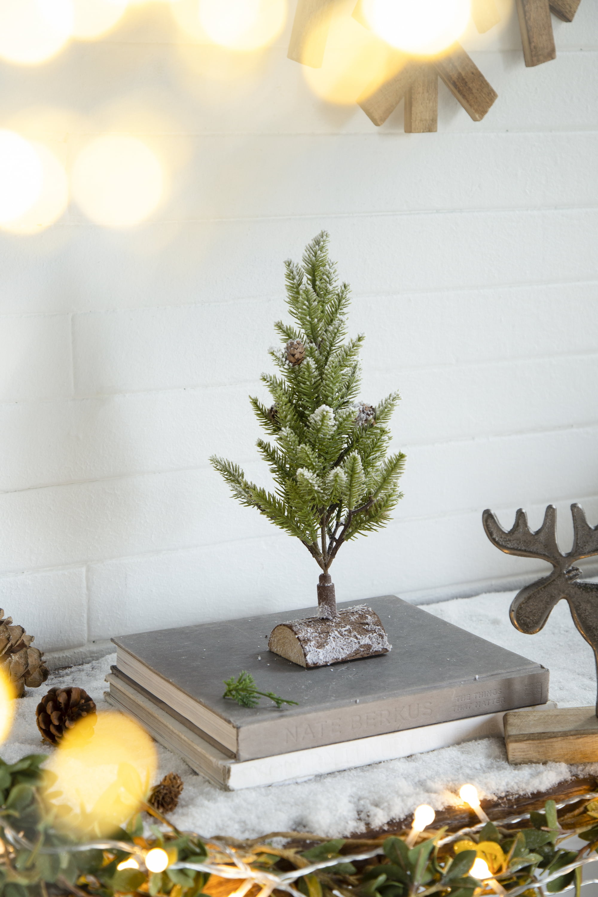 Set of 2 Snowy PVC Christmas Tree on Wood Base 13.5 Inch Tabletop Holiday Centerpiece Decor