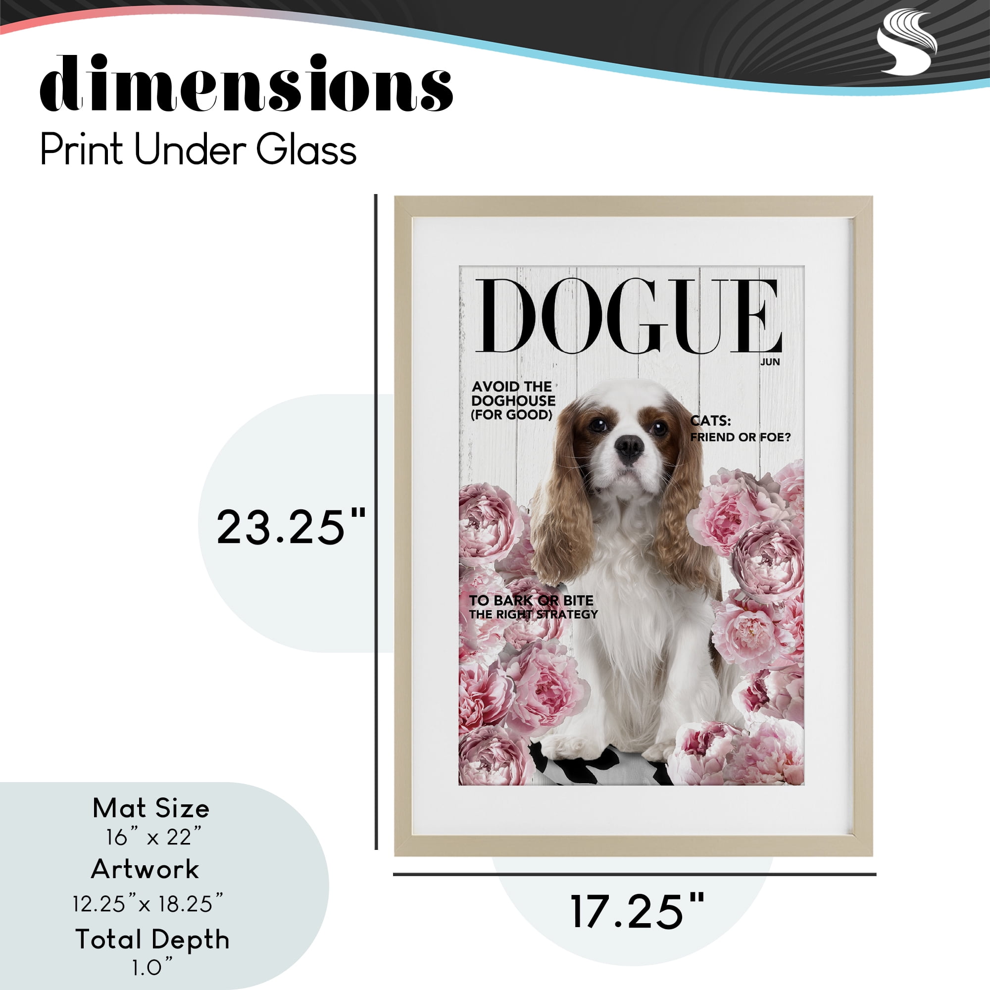 Funny Floral Dog Magazine Birch Framed Print Under Glass, design by Sasha