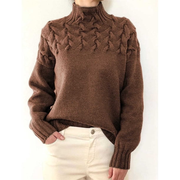 Suéter casual de mujer de moda europea y americana, jersey de punto suelto de manga larga torcida con cuello de tortuga, ropa de mujer de otoño e invierno