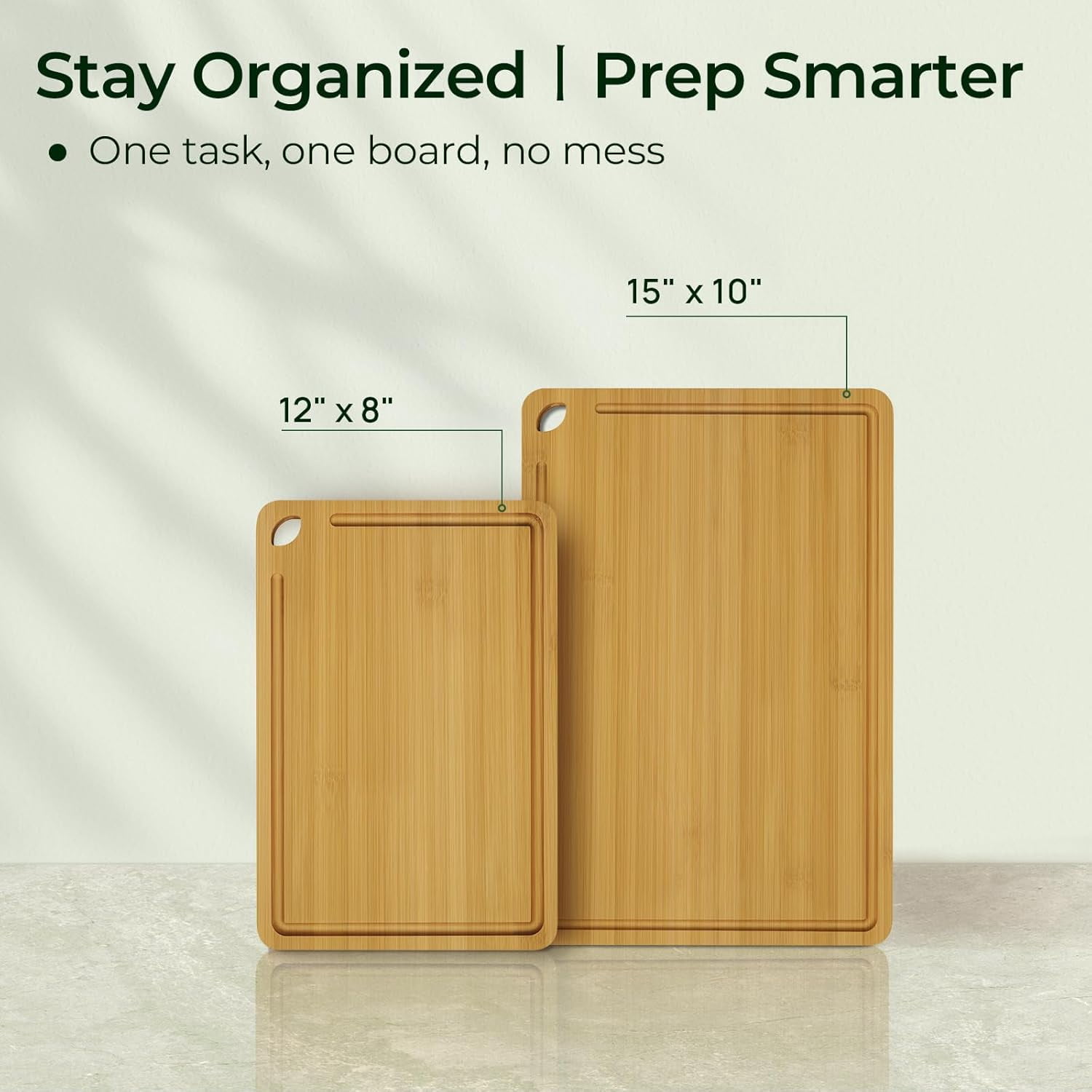 Keechee 2-Piece Bamboo Cutting Board Set with Juice Groove, 15"x10" and 12"x8"