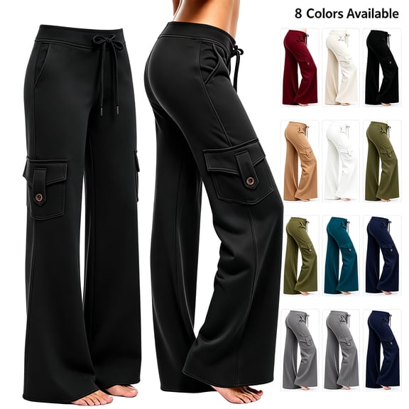 Smsaxvxz Women's Fleece Lined Cargo Wide Leg Pants Drawstring High Waist Thermal Winter Stretchy Casual Yoga Pants with Pockets