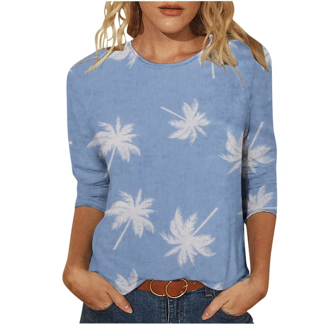 Meichang T-Shirts à Manches 3/4 pour Femmes Coupe Ample Haut à Imprimé d'Arbre Chandail Décontracté à Col Rond Chandails Doux Extensibles Manches 3/4 Tunique Mignonne