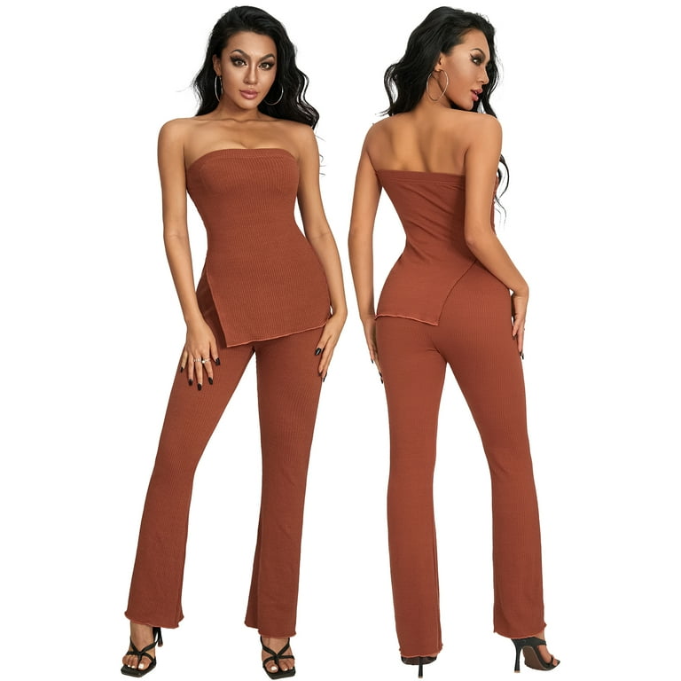 Thaisu Women Summer Elegant Pants Suit Party Casual Off Shoulder Strapless Vest Knitting Solid Color Long Trousers S M L
