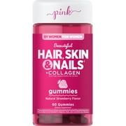 Pink Hair Skin Nails Gummies | 60 Count | Plus Collagen | Non-GMO & Gluten Free Vitamins for Women | Strawberry Flavor