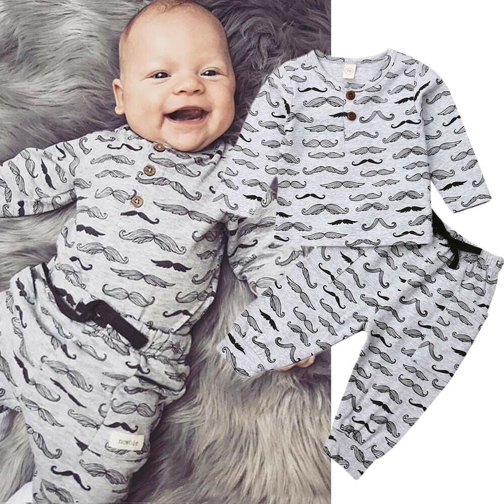 2Pcs Newborn Kid Baby Boy Cute Beard Long Sleeve TShirt Top+Long Pants