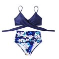 thumbnail image 2 of AMERTEER Women Cross High Waisted String Floral Printed 2 Piece Bathing Suit Bkini Swimwears Tankinis Set Black S, 2 of 6